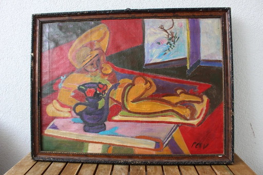 MIKLÓS NÉMETH (Attr.) – Abstraktes Interieur mit liegendem Akt – Öl auf Leinwand, Budapester Etikett