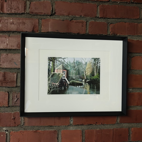 Image 1 of Gesigneerde en genummerde kunstprint – Luc Verbist (12/100) – Vlaams landschap met brug