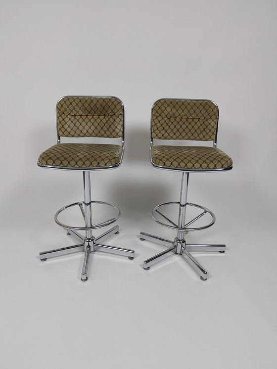 Image 1 of Set di 2 sgabelli da bar vintage con tappezzeria rétro, anni '70