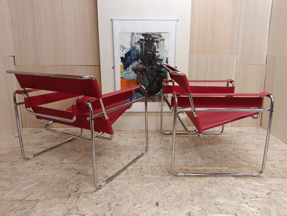Image 1 of KNOLL Studio Set van 2 WASSILY B3 fauteuils (NIEUW) in rood leer