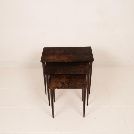 Aldo Tura Mid Century Parchment Nesting Tables Model 764 Tura Milano Italy 1950 – Side tables, Leather (photo 5 of 19)