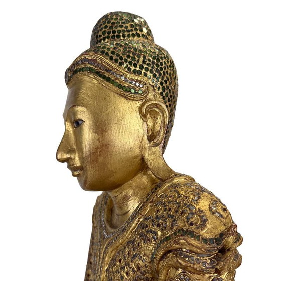 Antieke Birmese Jambupati Boeddha met glasinleg, 57 cm hoog. – Beeldhouwkunst, Wood (photo 14 of 16)