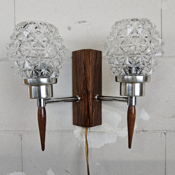 Image 1 of Vintage Danish teak double wall lamp crystal shade 60s wall mounted lights crystal
