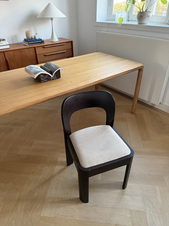 1x vintage design brutalist houten stoel met stoffen zitting in – Eetkamerstoelen, Textile, Wood (photo 3 of 6)