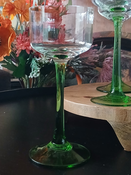 Set of 5 antique hand-blown Art Nouveau wine glasses