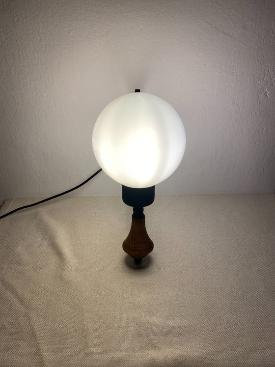 Vintage Opal Glass Globe Wall Lamp with Wood Detail, 1970s, Wall lights, Metal, Black (photo 14 of 16)