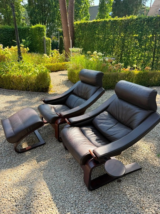Vintage zetels Kroken lounge 1970 design stijl Ake Fribyter – Roche Bobois, fauteuils, Leather, Wood