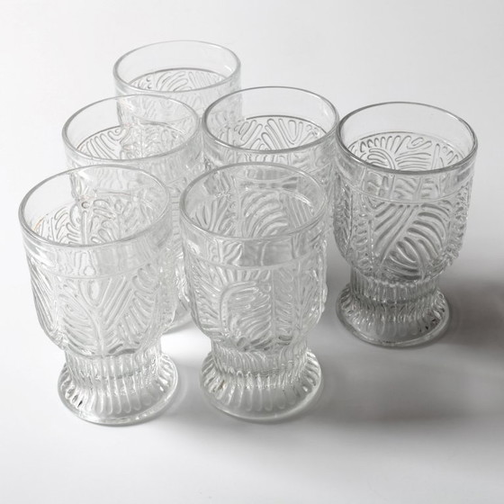 Image 1 of Set of 6 Mid-century Rare Pressed Glass Glasses / Libochovice / Czech Republic / 1981