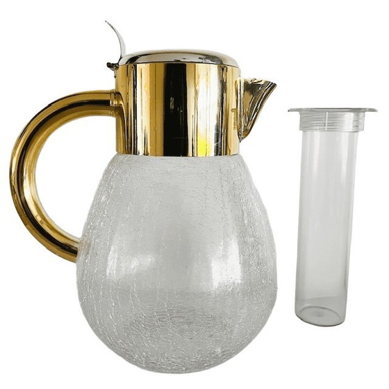 Image 1 of Vintage Kalte Ente glazen karaf waterkan craquelé glas verguld metaal 1970's