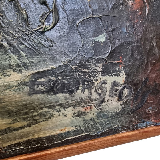 Image 1 of Peinture française vintage avec des bateaux dans le port, années 1950