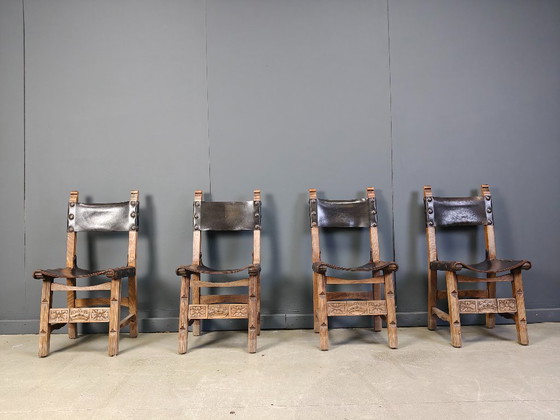 Image 1 of Vintage brutalist leather spanish dining chairs, 1960s