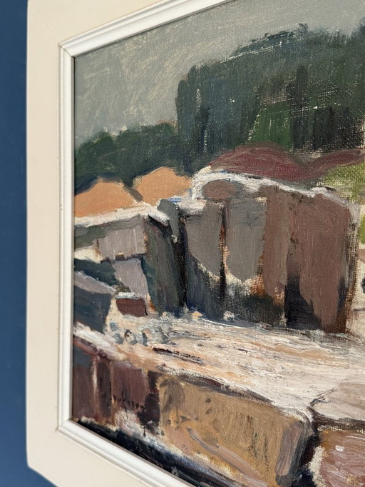 Paysage côtier abstrait et expressionniste à l'huile sur toile