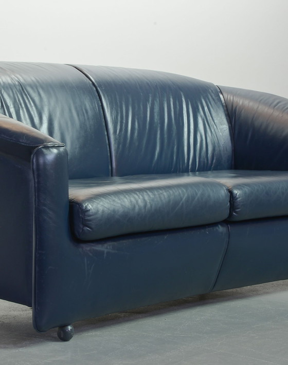 Image 1 of Wittmann Petrol Blue Soft Leather Two-Seat Sofa, Model Aura Designed by Paolo Piva. Austria, 1980s.