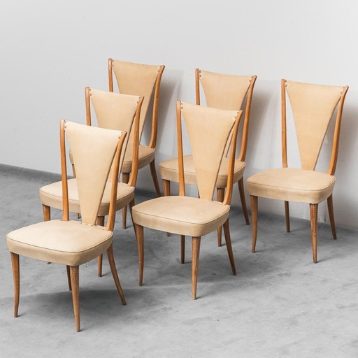 Lot de 6 chaises style Vittorio Dassi Cuir Bois 1950s Vintage Modernate