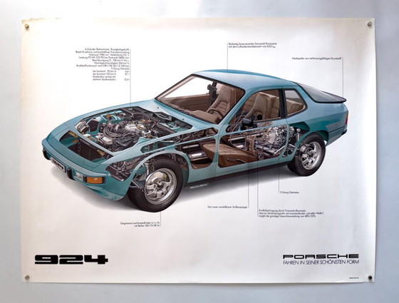 Image 1 of Originele vintage Porsche 924 doorsnede – eind jaren 70 poster / plakat - XL 76 × 102 cm
