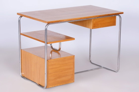 Escritorio Bauhaus restaurado, roble, acero cromado, Alemania, década de 1930. – Metal, Wood (photo 16 of 16)