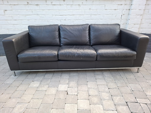 Large vintage Italian black leather sofa Manzoni