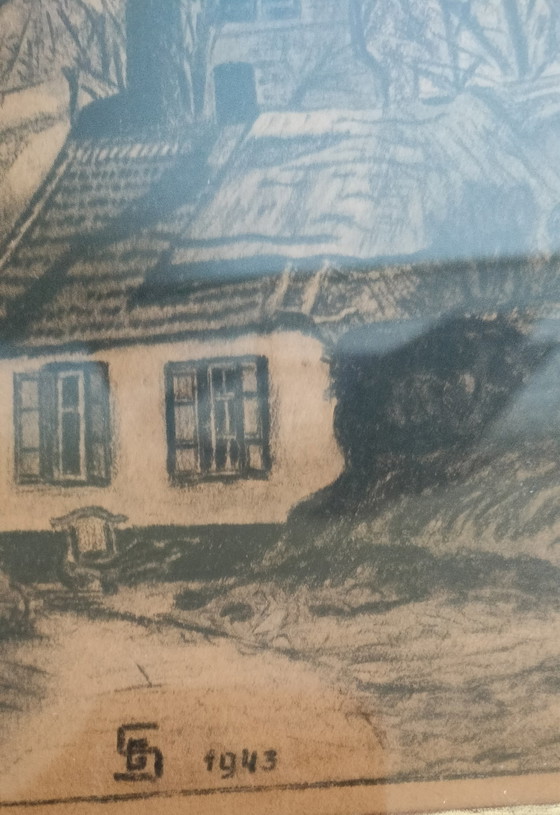 Image 1 of Charcoal drawing of a small church/chapel in Sint Anna Pede made by S. G. in 1943 and sold in 1980.
