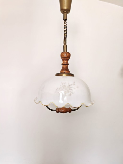 Vintage 1970s Opaline Glass Pendant Light / Mid Century Modern Ceiling Lamp / Scalloped Floral Shade with Wood Brass / Retro Hom