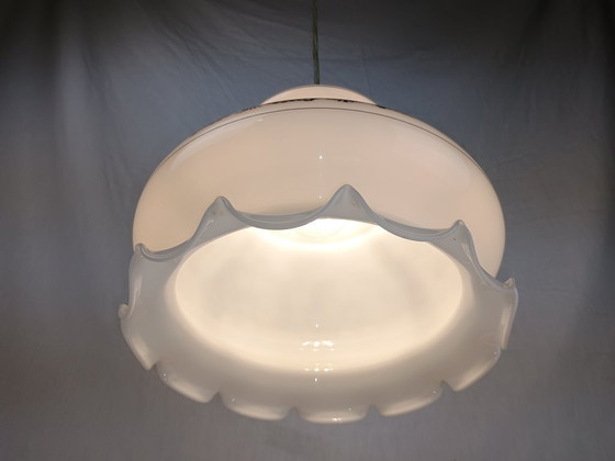 Image 1 of Mid Century Murano Pendant Light White Opaline Textured Engraved Glass Lantern 1950s