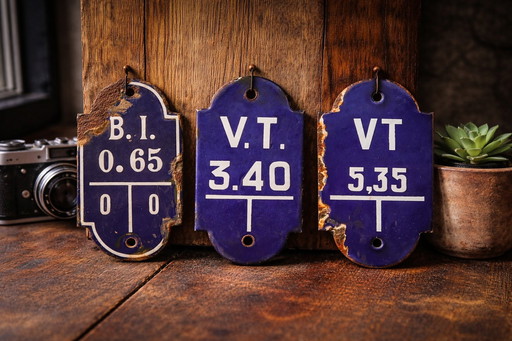 Set van 3 vintage Belgische blauwe emaille industriële borden – jaren 50 loftdecoratie