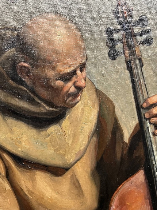 Painting signed “Monk playing the cello”. – schilderijen tekeningen, Canvas (photo 2 of 7)