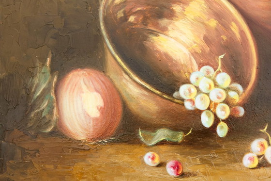 Image 1 of Bodegón al óleo con frutas. Óleo con frutas y objetos de cobre y barro. Cuadro al óleo con frutas.