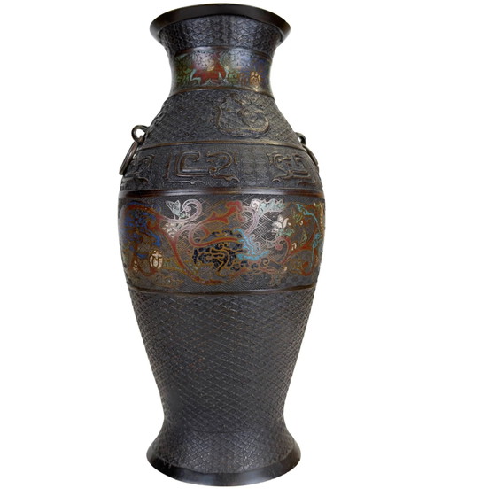Grande Vaso Giapponese in Bronzo Champlevé con Creature Mitiche e Manici ad Anello – 43 cm – Vasi, Bronze (photo 3 of 7)