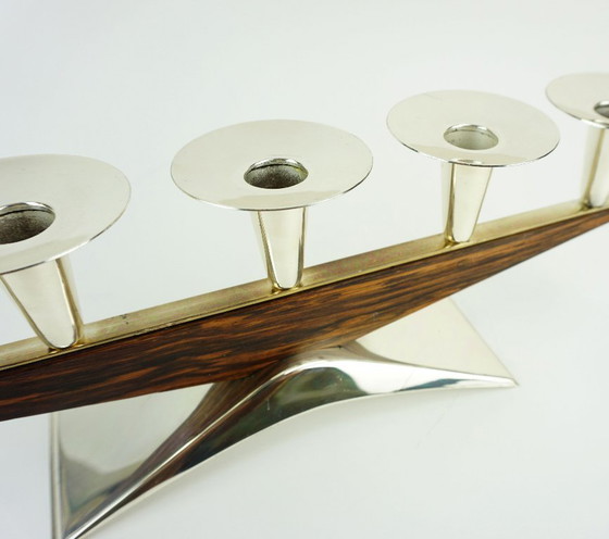 Image 1 of Bougeoir moderne du milieu du siècle, en métal argenté et bois, années 1950-1960