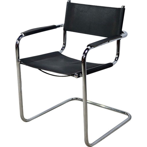 Poltrona vintage in metallo cromato e pelle nera di M. Breuer, 1970