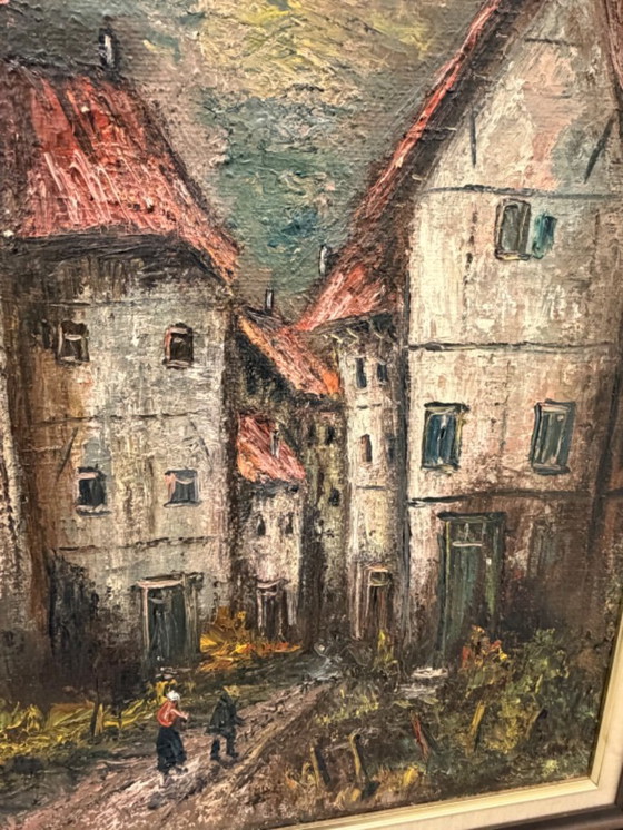 Image 1 of Ausdrucksstarke Ansicht eines Nachkriegsdorfes – Öl auf Leinwand (ca. 1955–1970)