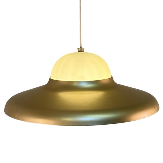 Image 1 of Ca. 1970’s - Scandinavian - Pedant lamp / ceiling mounted - Gold colored metal brim and plastic insert