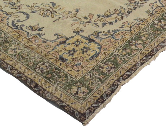 Vintage Turks tapijt 300x186 cm – Groot handgeknoopt wollen tapijt met zacht crèmekleurig en groen (photo 10 of 12)