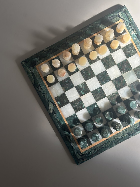 Image 1 of Vintage Marble Chess Set Malachite Natural Stone Onyx Green Chessboard