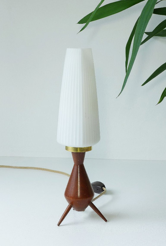 Vintage Tripod Tafellamp Deens Scandinavisch Teak Rocket Lamp jaren 60 70 – Tafellampen, Glass, Wood (photo 3 of 7)