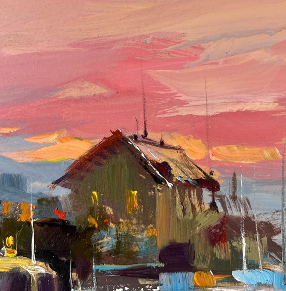 Image 1 of Peinture à l'huile originale, paysage de village au crépuscule, bateau sous les fenêtres de la mer