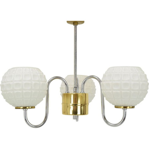Vintage glass, chrome and brass chandelier by Lidokov, Czechoslovakia 1960