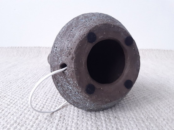 Image 1 of Vintage brutalist vloerlamp, bruin met turquoise lampvoet van chamotte klei met nieuwe handgemaakte lampenkap