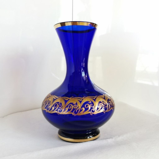 COBALT BLUE BOHEMIAN CRYSTAL VAS AND GOLD PAINTING