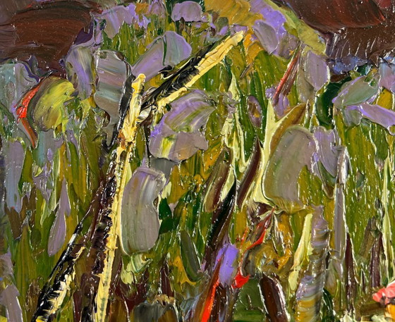 Image 1 of Original Oil Painting Evening Village Landscape Neighbors in the summer garden