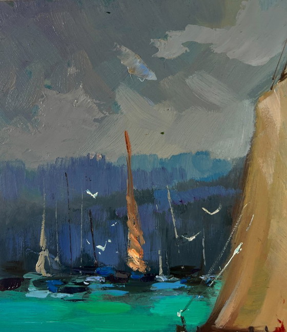 Image 1 of Original Oil Painting Gloomy City Landscape Fishermen greet the dawn at sea