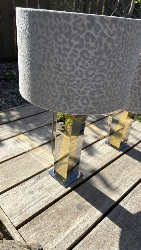 Image 1 of 2 x Paul Evans Skyscraper Style Set Table Lamps with Chrome and Gold Mirrors and Gray Panther Print