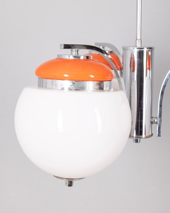 Image 1 of Vintage kroonluchter 70s Oranje Metaal en Glas Italiaans Ontwerp