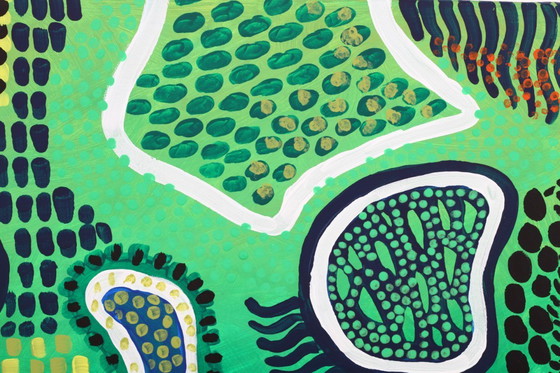 Image 1 of Modern abstract green, yellow, purple and orange mixed media painting