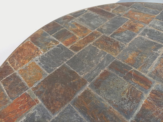 Image 1 of Brutalist vintage round coffee table in metal and slate from the 70s