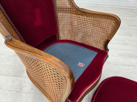 Image 1 of Fauteuil danois des années 1950, velours d'ameublement, bois de frêne, maille d'ameublement.