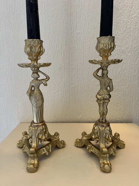 Image 1 of Pair of Empire style bronze candlesticks with female and male figurines
