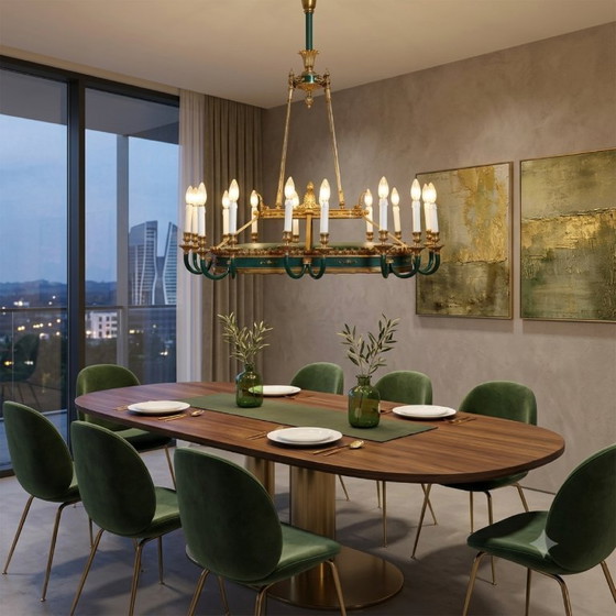 Lampadario in bronzo dorato e metallo laccato verde, 20 lampadine, Italia, inizio XX secolo. – Bronze (photo 2 of 18)