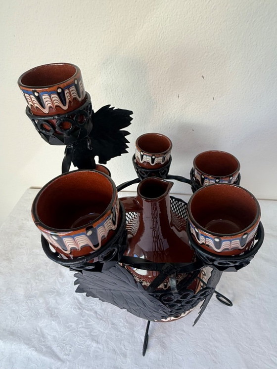 Juego de decantador de cerámica Troyan con soporte de hierro forjado, 6 tazas y cenicero. – Vasos y jarras (photo 3 of 13)