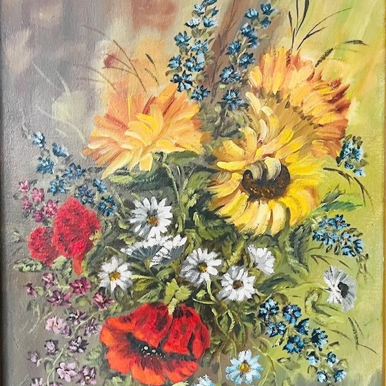 Image 1 of Peinture à l'huile baroque représentant un bouquet de fleurs, N. Witjes, années 1960